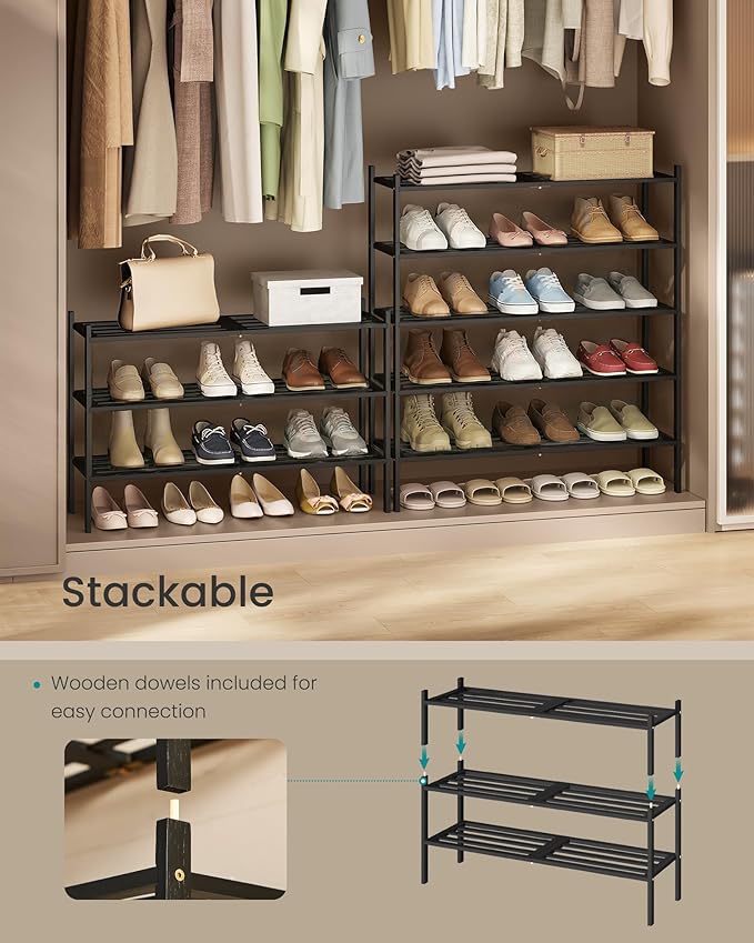 SONGMICS Bamboo Shoe Rack for Closet, Stackable Shoe Oragnizer with Modular Structure, Space-Saving Free Standing Shelf for E