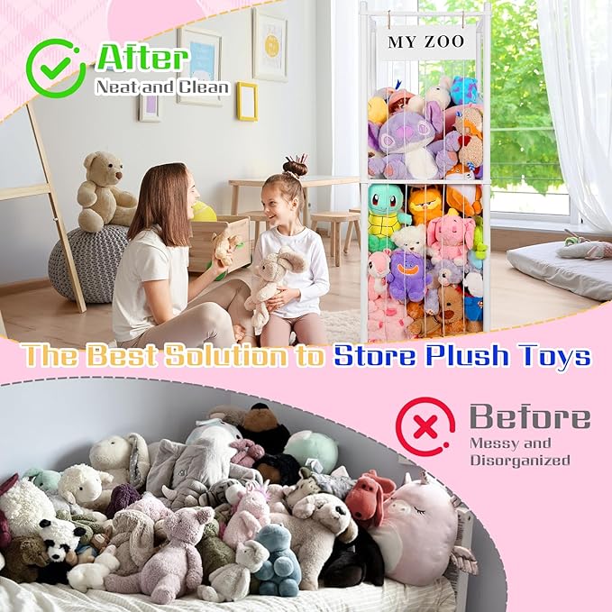 GLDZI Stuffed Animal Storage Zoo, Wooden Stuffed Animal Organizer with Elastic Cords for Boys Girls, Space Saving Toy Plushie
