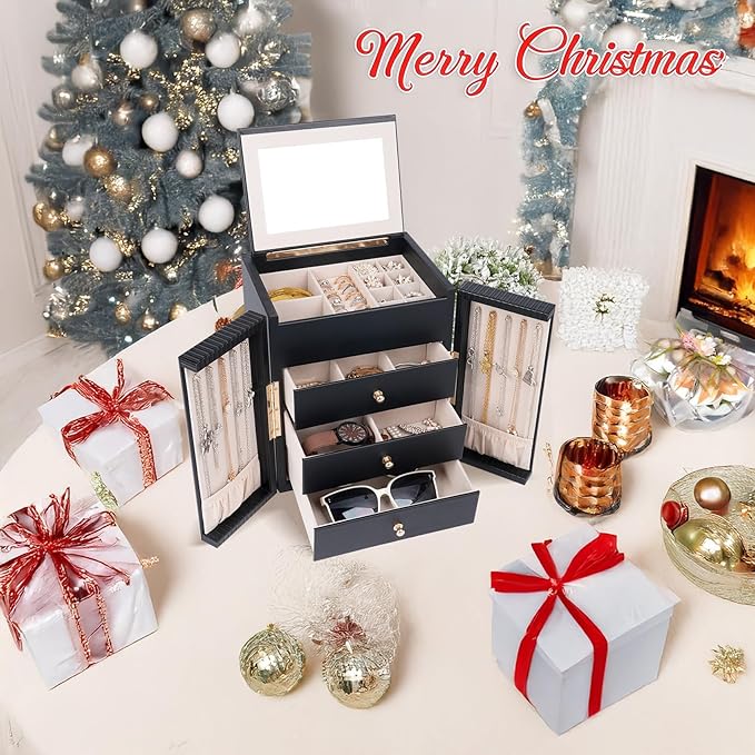 Dajasan Large Jewelry Box for Women, Jewelry Organizer Box with 3 Drawers, Jewelry Storage Organizer with Mirror for Necklace