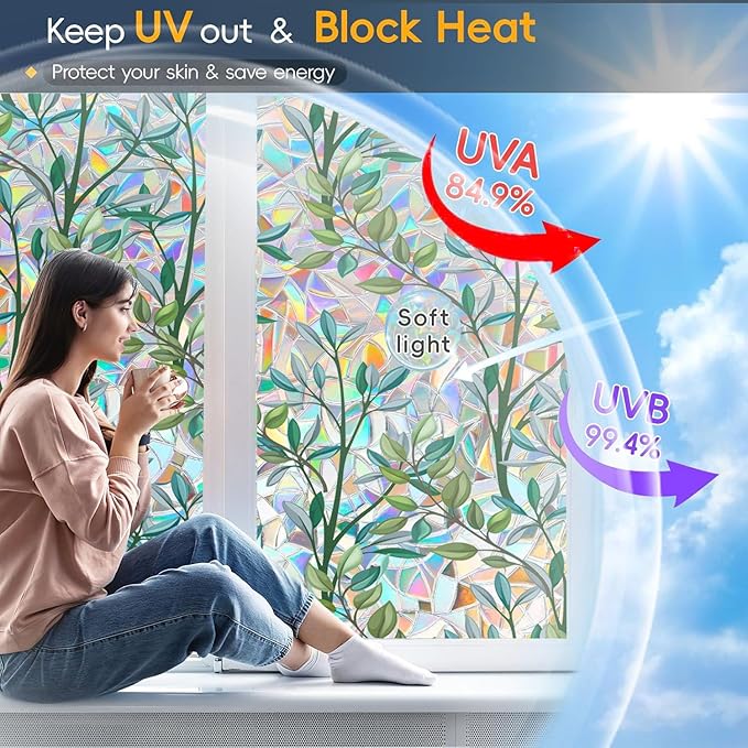 Rainbow Privacy Film with Cutting Line, 3D Decals Stained Glass Window Clings, Static Cling Window Sticker, Suncatcher, 23.6" x 78.7"