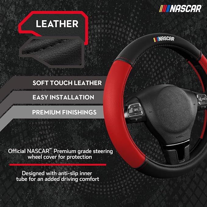 NASCAR Steering Wheel Cover, Two-Tone Red Leather Patchwork, Universal Fit 14.5"-15.5" Steering Covers for Cars, Anti-Slip, S