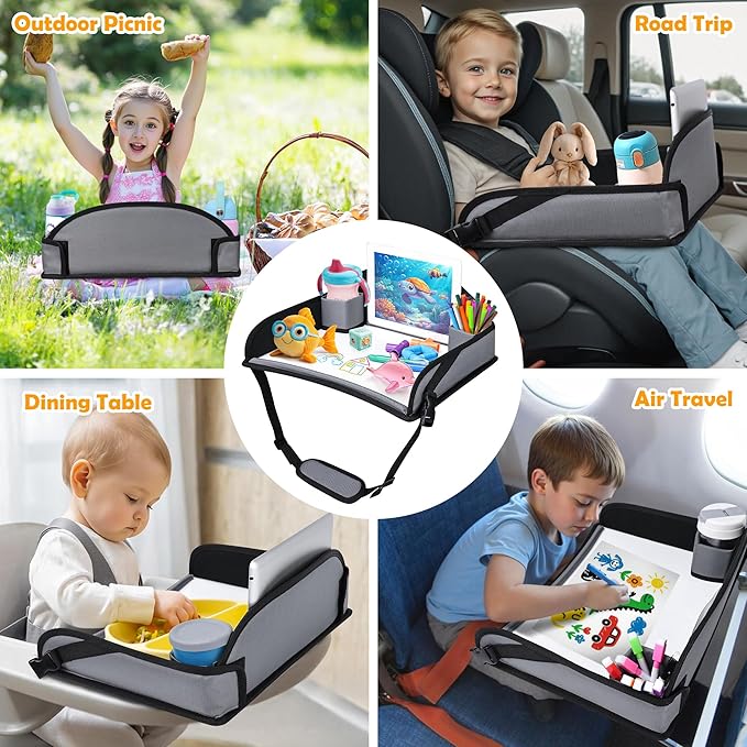 Kids Travel Tray for Toddler Carseat, Road Trip Activities Essentials for Toddler, Kids Lap Desk Tray with Tablet Holder Stand ＆ Dry Erase Board (Grey)