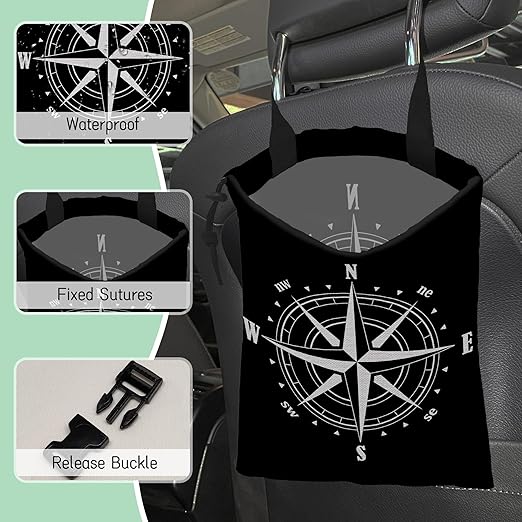 Compass Car Trash Bag,Hanging Drawstring Car Garbage Bag,Waterproof Canvas Car Back Seat Organizer with Adjustable Buckle,for Vehicles,SUVs,Camping,Road Trips