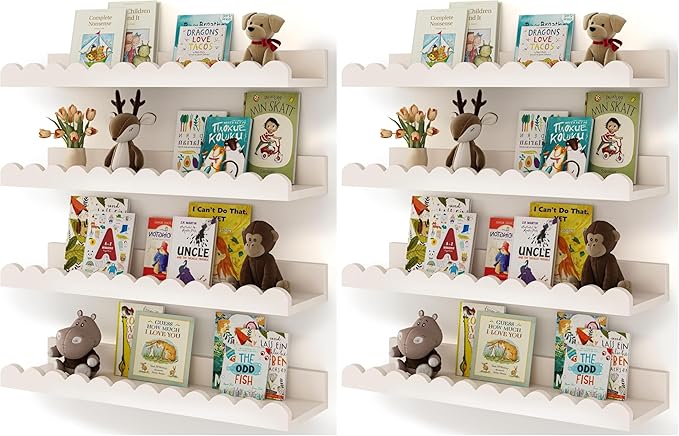 Shario Nursery Book Shelves, 8-Pack White Floating Shelves for Wall Kids, Scalloped Shelves, Wall Book Shelves for Bedroom Ki