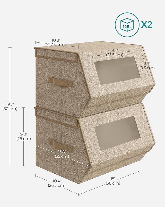 SONGMICS Stackable Storage Bins Set of 2, Storage Boxes with Lids and Front Windows, Non-Woven Fabric Closet Organizers with 