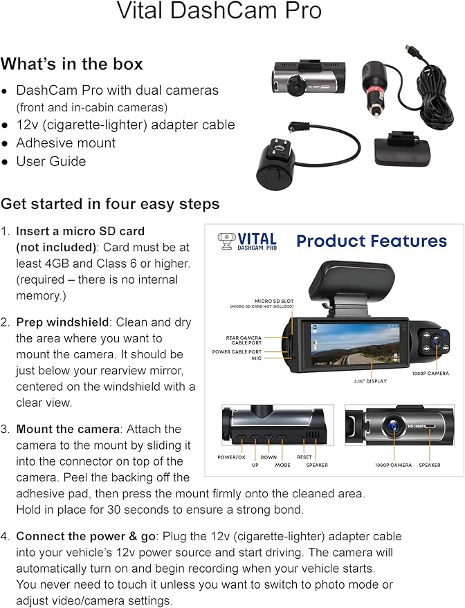 Vital Dash Camera Pro 2026 Dashcam Front and Rear Camera for Cars Dual Car Camera with Night Vision, G-Sensor 24/7 Parking Su