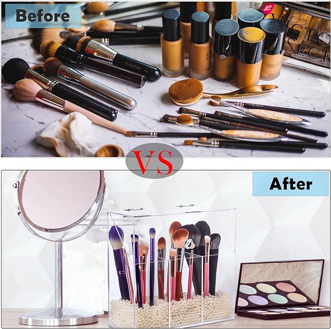 Acrylic Makeup Brush Holder with Lid - Clear Cosmetic Makeup Brush Organizer and Storage Box with Cover for Vanity - Large Ca