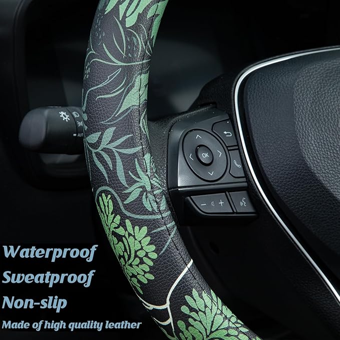 Sage Green Floral Steering Wheel Cover Auto Leather Steering Wheel Protector, Anti-Slip, Breathable, Absorbing Sweat, Universal Floral Car Accessories 14.5–15 inch,Fit for Most Car, Trucks, SUV