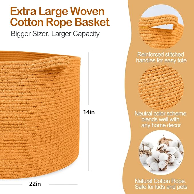 MEGASKET Extra Large Orange Basket, 22" X 22" X 14" Woven Cotton Rope Bins for Blankets, Baby Nursery Wicker Laundry Towel Ba