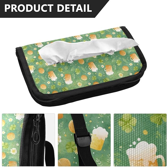 Car Tissue Holder Car Visor Organizer Tissue Box Holder for Car Sun Visor Organizer with Car Vehicle Accessories Essentials Interior for Women Men Green Mugs Clovers Daisies St.Patrick