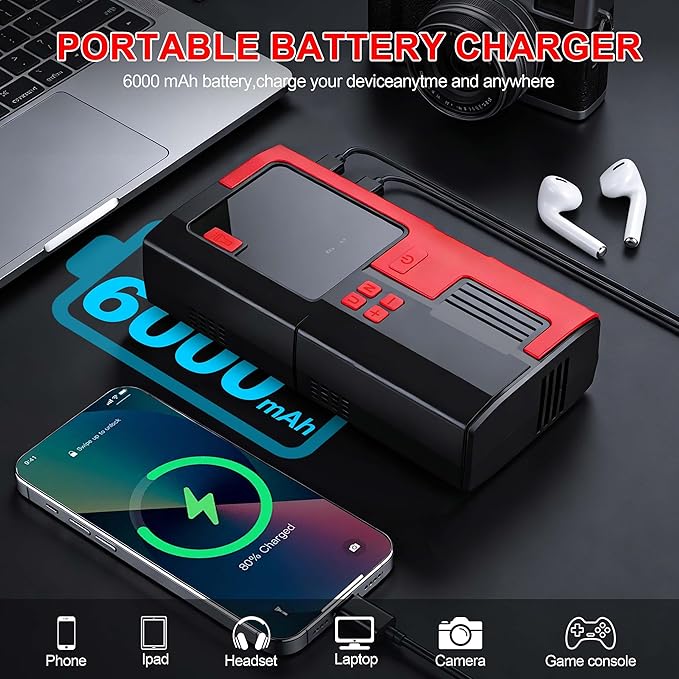 Car Battery Jump Starter with Air Compressor, 6000mAh Tire Inflator, 16.8V Portable Jump Box with LED Light/Flashlight for 6.0L Gas/3.0L Diesel, Car Battery Jumper Starter Portable, Jumper Cables