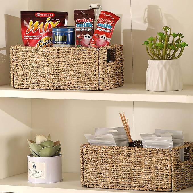Vagusicc Wicker Storage Basket, Set of 2 Hand-Woven Storage Baskets for Organizing, Small Wicker Basket for Toilet Paper, Fol