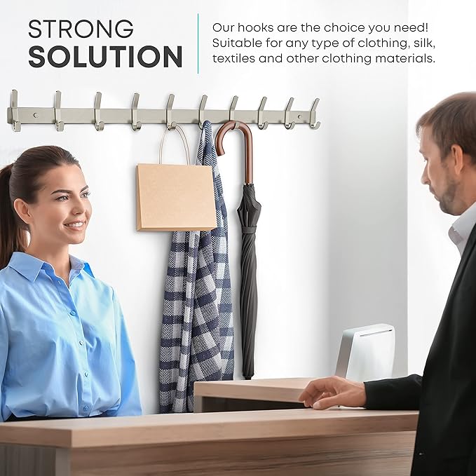 Coat Rack Wall Mount – Brushed Nickel 30 Inch Stainless Steel Hook Rail with 10 Heavy Duty Double Coat Hooks – Wall Mounted C