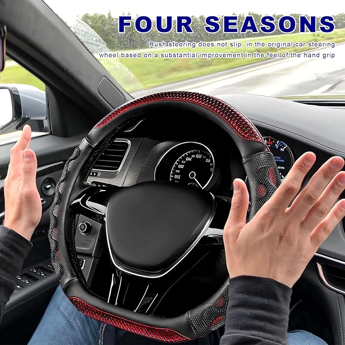 D-Shaped Steering Wheel Cover, Leather Car Wheel Protector with 3D Honeycomb Anti-Slip Design, Universal Breathable Comfy Cov