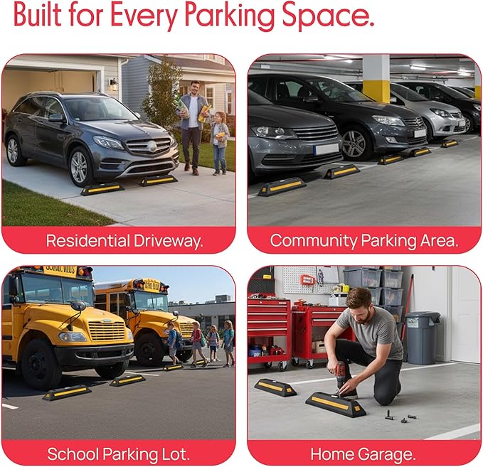 Pyle Curb Garage Vehicle Floor Stopper for Parking Safety 1PC Heavy Duty Rubber Parking Lot Driveway Stopper, For Car Vans Trucks Tire Wheel Guide Block Protect Bumper- Pyle PCRSTP11