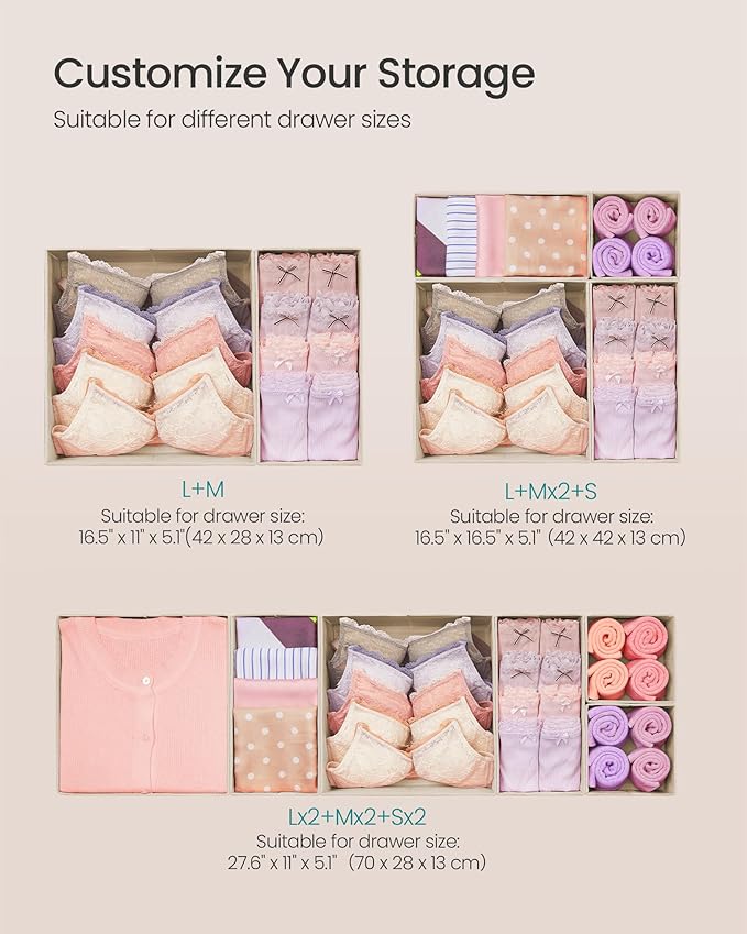 SONGMICS Drawer Organizers, Dresser Divider Organizers, Set of 12, Foldable Fabric Storage Boxes for Socks, Underwear, Bras, 