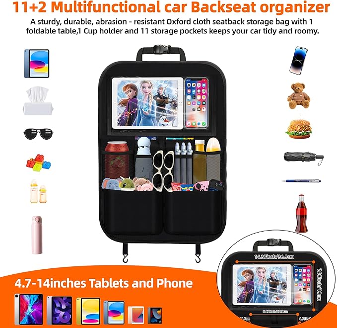 2PCS Backseat Car Organizer with Foldable Tray-11+2 Pockets Car Organizer and Storage,Car Seat Back Protector Road Trip Essentials Storage Caddy/Stuff for Cars/Truck/SUV Christmas Gifts