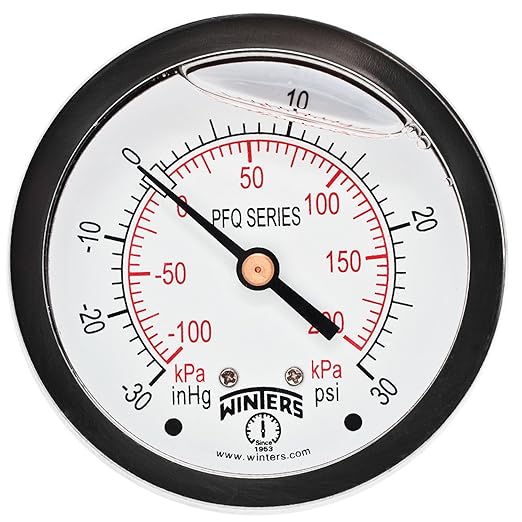 Winters 2-1/2" Dial Size, Liquid Filled Industrial Pressure Gauge, Brass Internals, 304 Stainless Steel Case, Dual Scale 30" Hg-0-30 psi/kPa, 1.5% Acc, 1/4" NPT Back Mount, Pressure and Vacuum Gauge