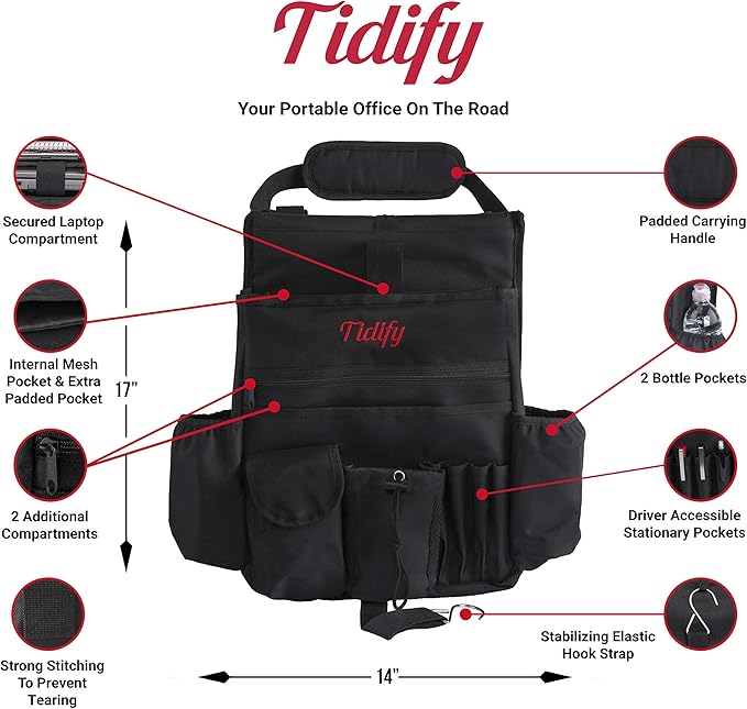 Tidify Car Front Seat Organizer [2025 UPDATED] with Dedicated Tablet and Laptop Storage Stabilizing Side Straps Soft Adjustable Shoulder Strap and Hardened Buckles Your Office Away from Office.
