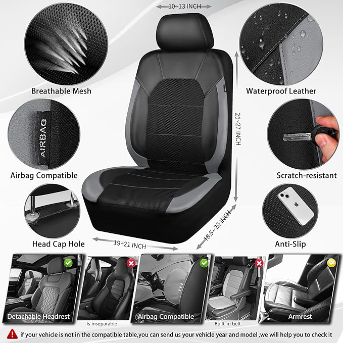 CAR PASS Leather Car Seat Covers Front Seats only, with Air Mesh Front Seat Covers Breathable, Cool Automotive Seat Covers 2 