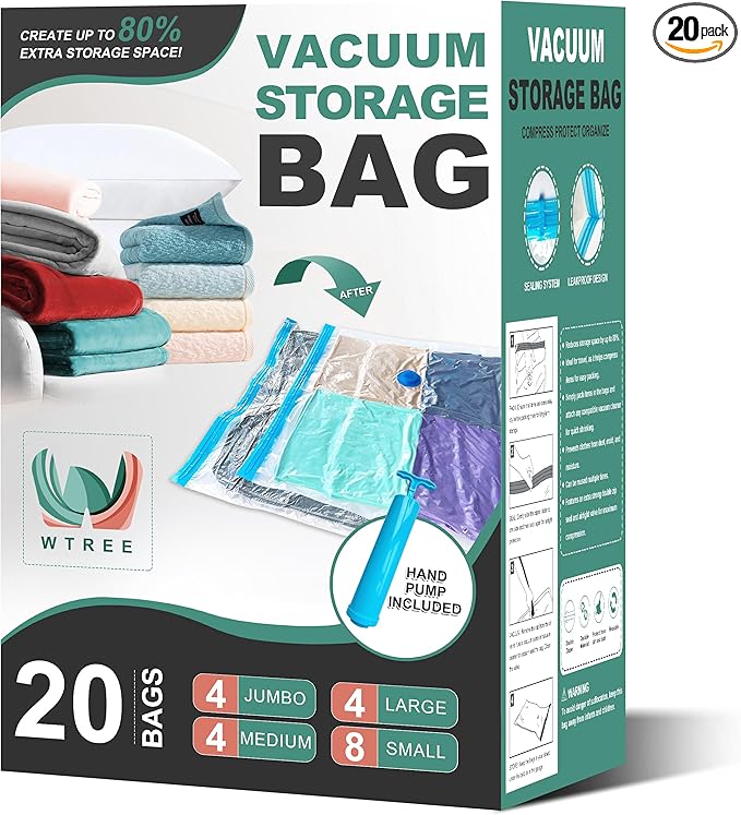 WTREE 20 Pack Vacuum Storage Bags, Space Saver Bags, Vacuum Sealed Bags for Comforters, Blankets, Clothes Storage, Hand Pump 