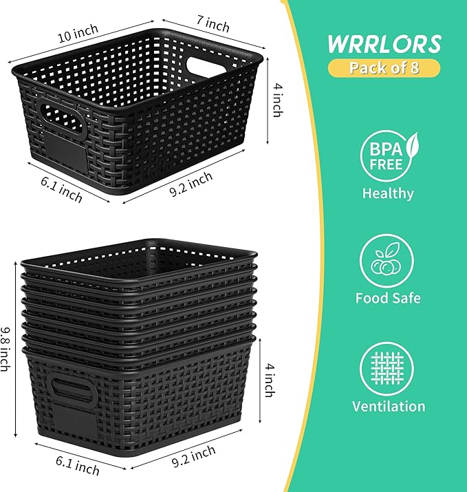 8-Pack Black Plastic Storage Baskets with Lids, Label Organizers, Stackable Organizer Containers: For Organizing Shelves, Dra