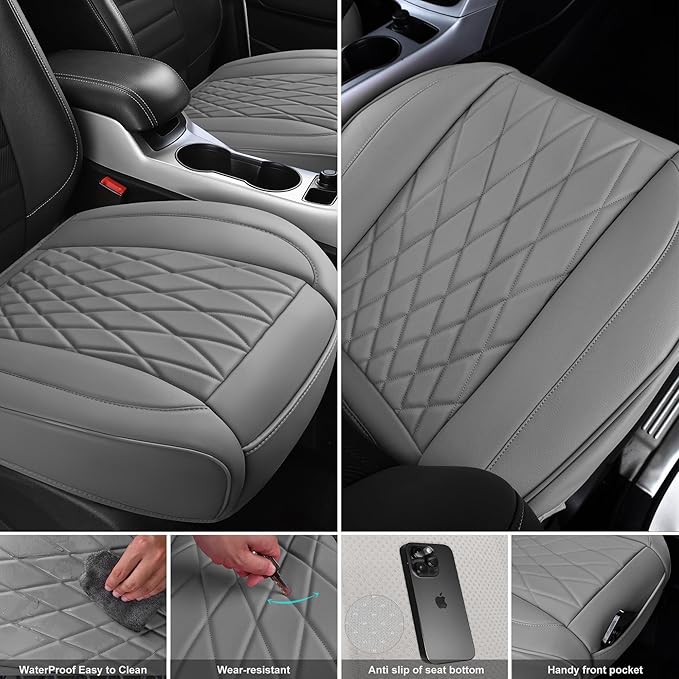 CAR PASS 2 Pack Leather Front Car Seat Covers, Bottom Seat Covers Full Wrapped with Storage Pocket, Anti-Slip Leather Seat Pr