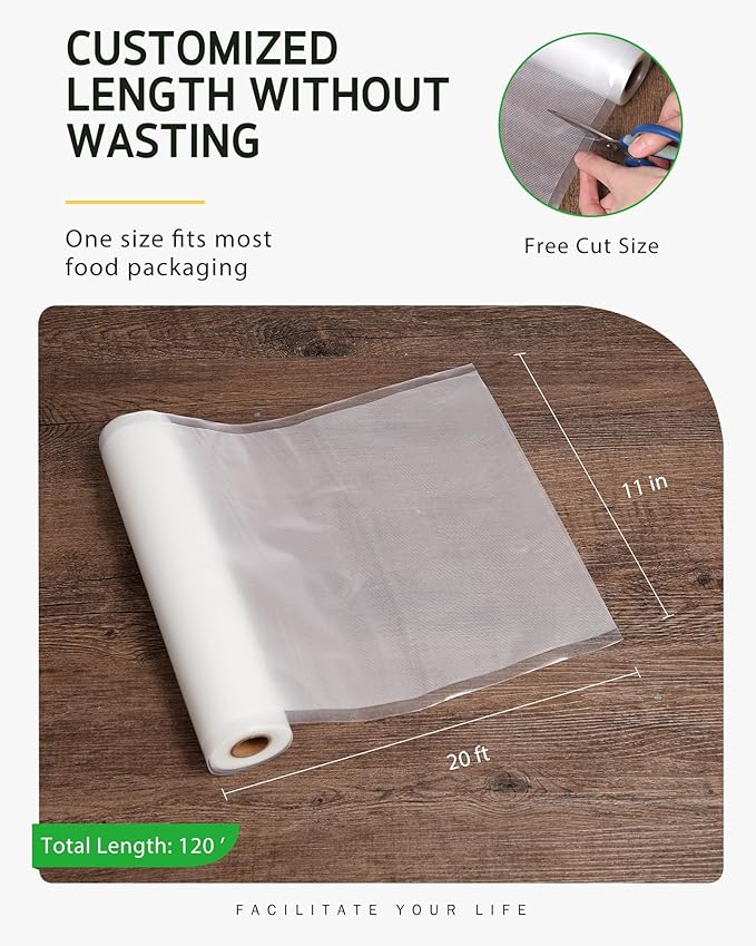 Syntus Vacuum Sealer Bags for Food, 6 Rolls 11" x 20' Commercial Grade Bag Rolls, BPA Free Food Vac Bags for Storage, Meal Pr