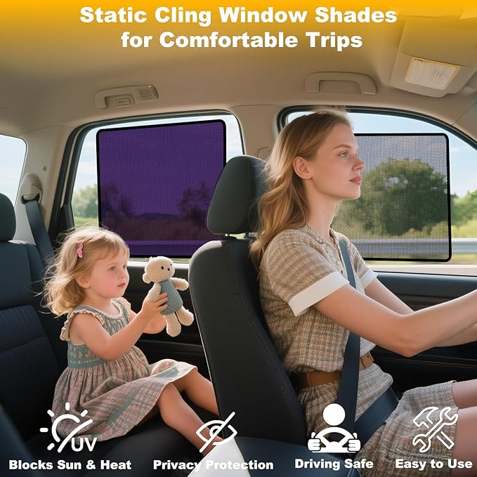 XCBYT 4-Pack Car Window Shades for Baby & Driver- Static Cling Side Window Sun Shade Combo with Transparent & Semi-Transparent - Car Window Covers with Glare & UV Blocker, Privacy Protection