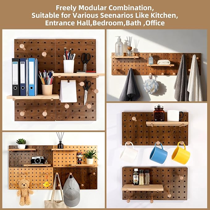 Brown Wood Pegboard Modular Display Wooden Pegboard Combination Wall Organizer Storage Wall Hooks Shelf for Home, Office, Bat