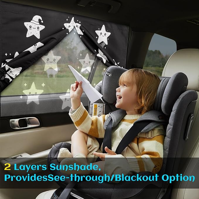 Car Window Shades, 2 Packs Magnetic Car Sun Shades for Baby, 2 Layers for Blackout/See Through Options Stars Pattern Side Window Curtain for Kids Heat/UV Blocker