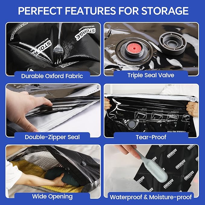 Extra Large Vacuum Storage Bags with Electric Pump, 6 Pack Vacuum Seal Bags for Clothing, Bedding, Pillow, Comforters, Blanke