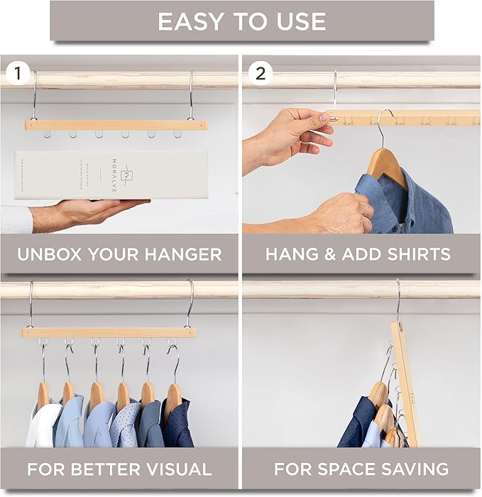 MORALVE Space Saving Hangers for Closet – 4 Pack European Beechwood 6-Tier Shirt Organizer with 360° Swivel Hook – Collapsibl