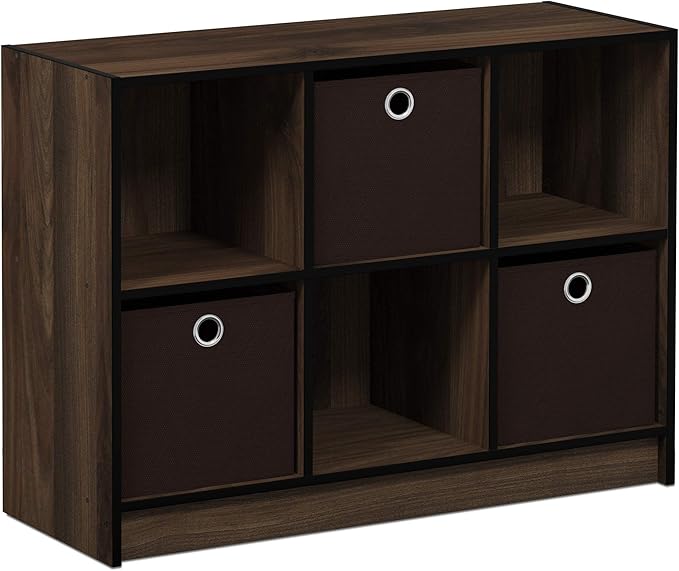 Furinno BASIC Book Shelf, 6-Cube Bookshelf with Open Shelf, 3 x 2 Bookcase with Storage Bins, Closed Back, Horizontal, 11.9 x