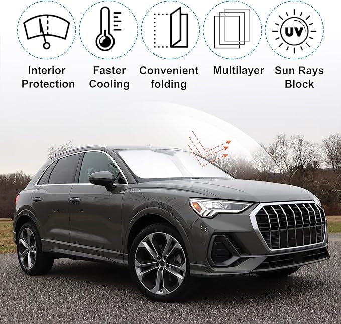 Front Windshield Sun Shade Foldable Car Front Window Sun Shade Windshield Shade Custom Fit for 2019-2025 2026 Audi Q3 Block UV Rays Accessories Heat Keep Car Cooler