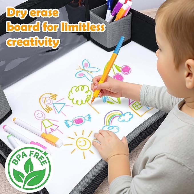 Kids Travel Tray for Toddler Carseat, Road Trip Activities Essentials for Toddler, Kids Lap Desk Tray with Tablet Holder Stand ＆ Dry Erase Board (Grey)
