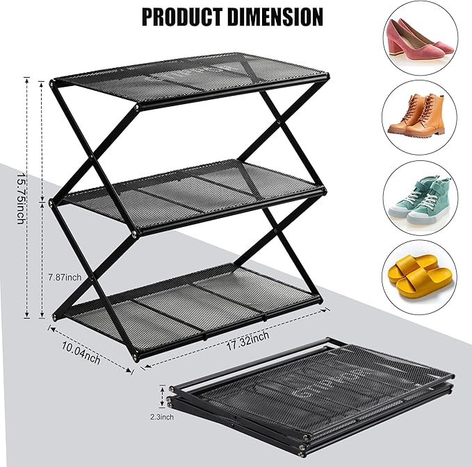 Small Shoe Rack for Entryway - 3 Tier Shoe Organizer Metal Foldable Shoes Storage Rack, Zero Tool Install, Sturdy Shoe Rack f