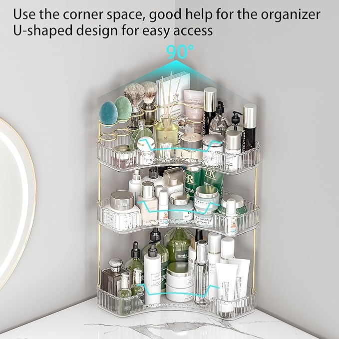Makeup Organizer Countertop 3 Tier, Corner Bathroom Countertop Organizer with Toothbrush and Makeup Brush Holder, Corner Vani