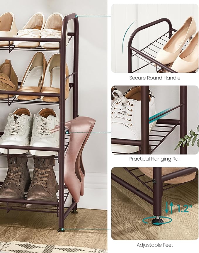 SONGMICS Stackable Shoe Rack, 4 Tier Metal Shoes Rack Storage Shelf, Holds up to 16 Pairs Shoes, Adjustable Slanted Shelves T
