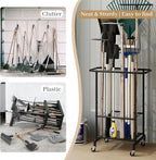 Garden Tool Organizer with Wheels, Heavy Duty Metal Garage Tool Storage Rack, Yard Tool Holder for Long-Handled Tools, Rakes 