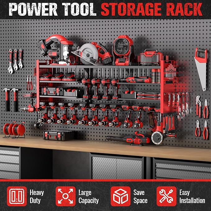 49.8" W Super Large Power Tool Organizer Wall Mount,4-Layer Heavy Duty Tool Storage with 18 Cordless Drill Holder,600 lb Capa