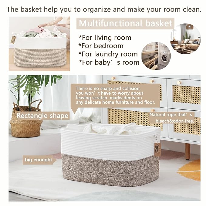 COMFY-HOMI Large Laundry for Organizing|Rectangle Cotton Rope Storage with Handles|Blanket for Living Room|Woven Laundry for 