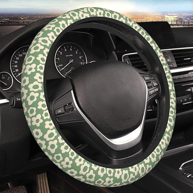 Vintage Groovy Flowers Steering Wheel Cover Cute Universal 15 Inch Car Accessories Protector for Women Fit Auto SUV Sedan Van