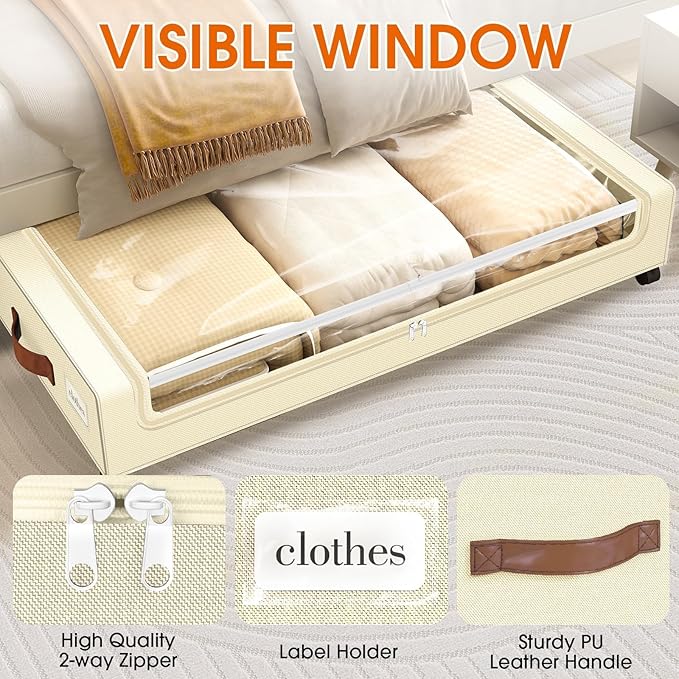 Under Bed Storage with Wheels 3Pack Underbed Storage with Clear Window&Label Under Bed Drawers Large Capacity Rolling Under B