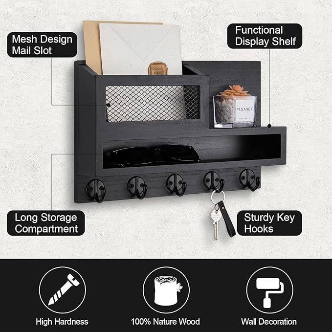 Key and Mail Holder Wall Mount, Key Hanger with Long Storage Box and 5 Hooks for Coat, Dog Leash, Home Decor Rack, House Acce