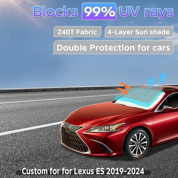 Sun Shade Sunshade for Lexus ES 2019-2024 2025 ES250 ES300h ES350 Windshield Cover, 4-Layers Sun Shield 250T Silver Coating Sun Visor Foldable Window Shade Blocks UV Rays Car Accessories