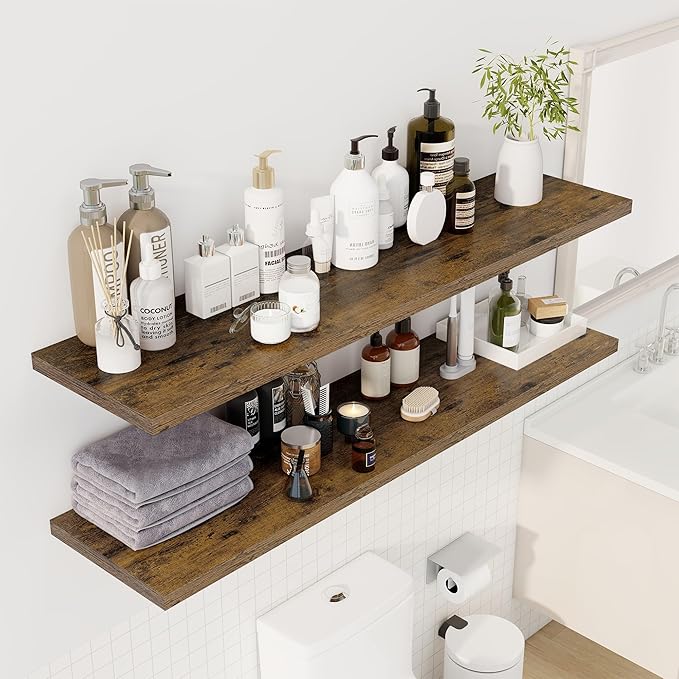 Dreamland 55" Floating Shelves for Wall, 12" Deep Slim Rustic Brown Floating Shelves, Wall-Mounted Shelves for Bedroom, Livin