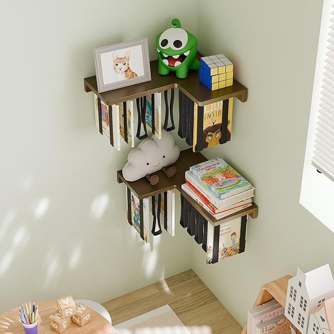 Floating Bookshelves for Wall Set of 2 - Corner Floating Shelves for Books, Rubberwood Wall Mount Bookshelf, Unique Wall Book