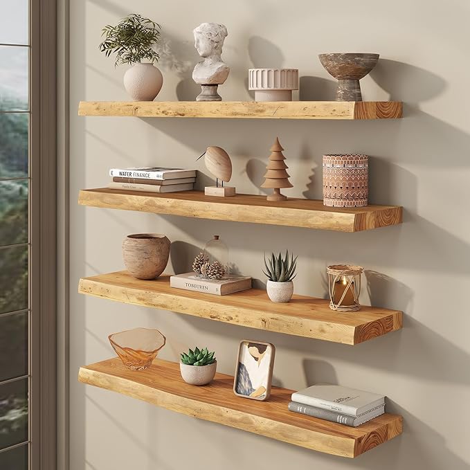 fuqing Live Edge Floating Shelves for Wall 36 inch, 8 Inch Deep Solid Elm Wood Floating Wall Shelves - Rustic Wooden Shelves 