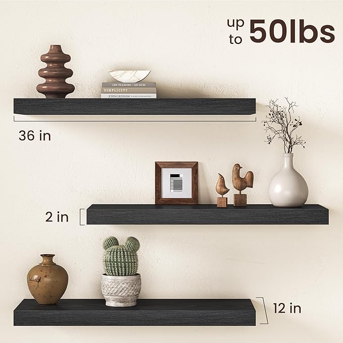 36Inch Black Floating Shelves for Wall, 12 Inch Deep Shelves for Bedroom, Kitchen, Bathroom Wall Mounted, Rustic Wood Floatin